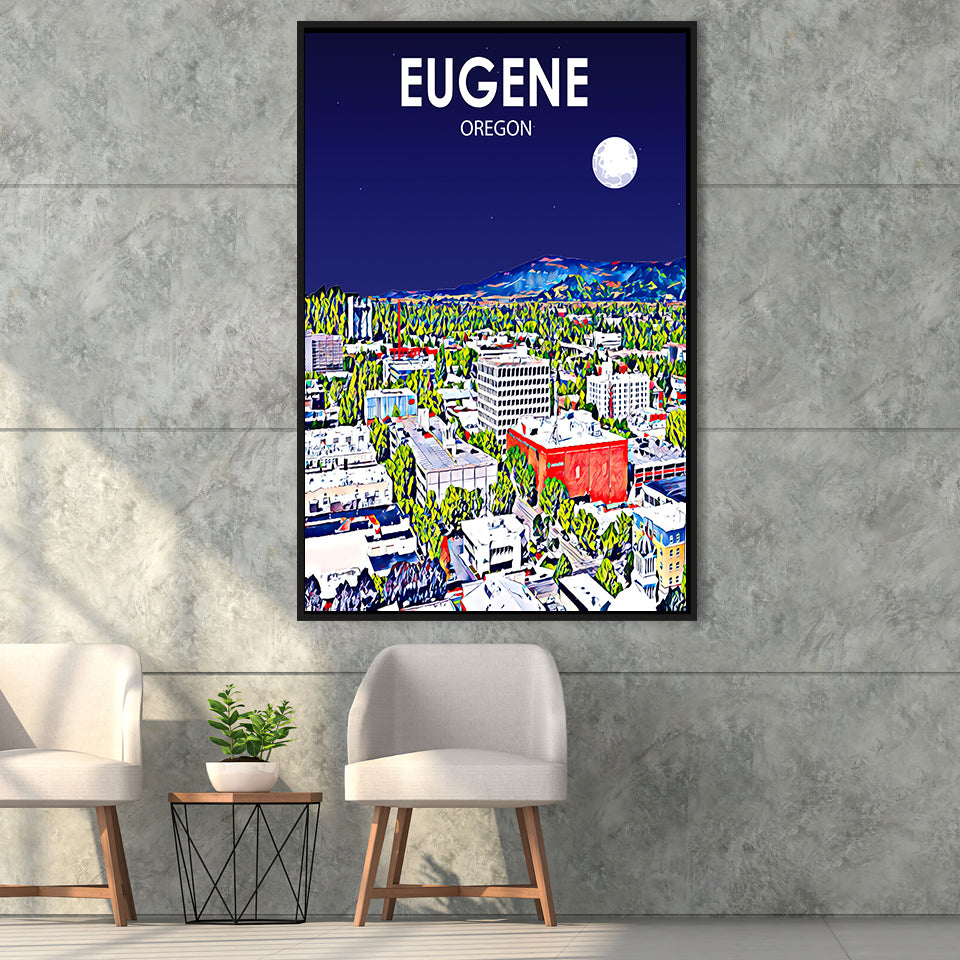 Eugene Oregon Art Night Landscape, Large Canvas, Framed Canvas Print Wall Art Home Decor, Floating Frame
