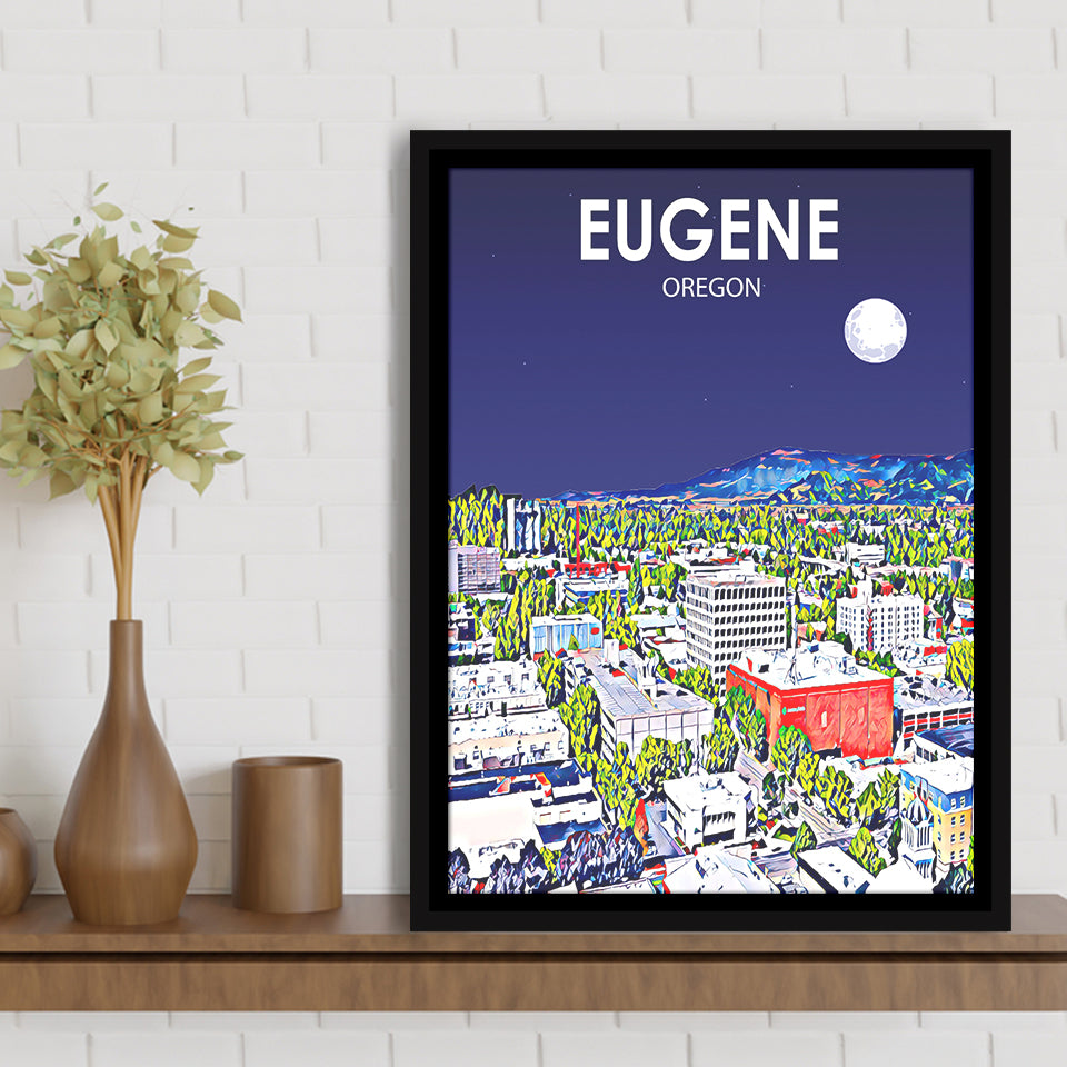 Eugene Oregon Art Night Landscape, Large Canvas, Framed Canvas Print Wall Art Home Decor, Floating Frame
