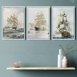 European Ship Set of 3 Piece Framed Canvas Prints Wall Art Decor