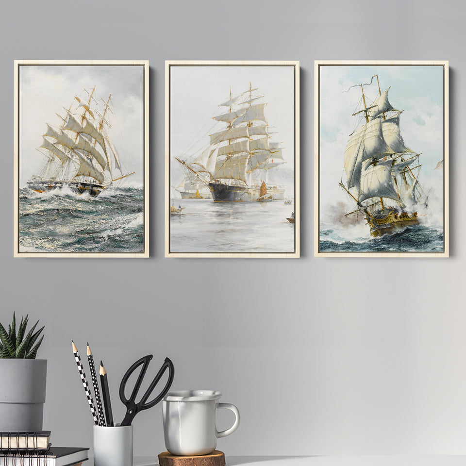 European Ship Set of 3 Piece Framed Canvas Prints Wall Art Decor