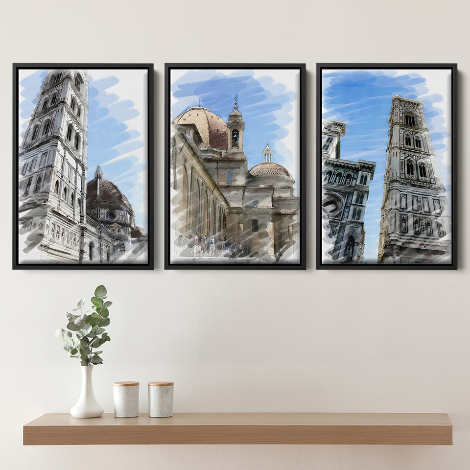 European Ancient City, Italy, Santa Maria Del Fiore,Isolated On White Set of 3 Piece Framed Canvas Prints Wall Art