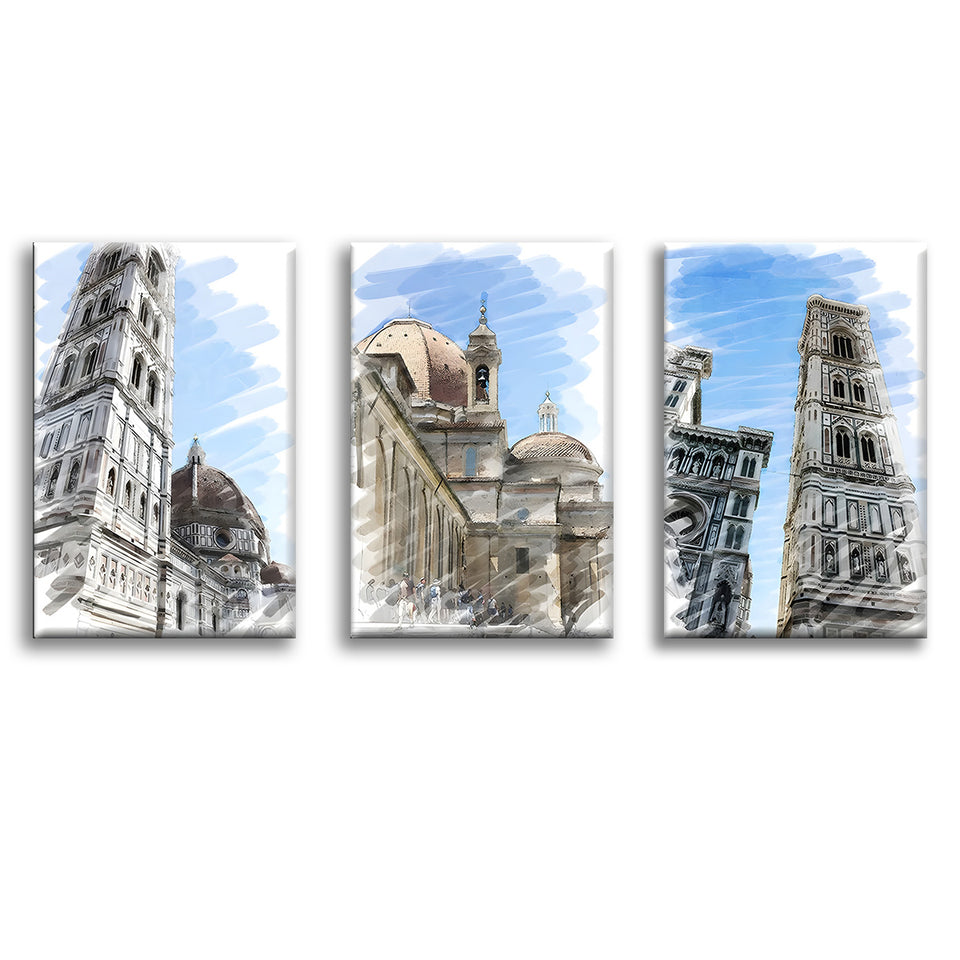 European Ancient City, Italy, Florence, Santa Maria Del Fiore, Isolated On White Set of 3 Piece Canvas Prints Wall Art Decor