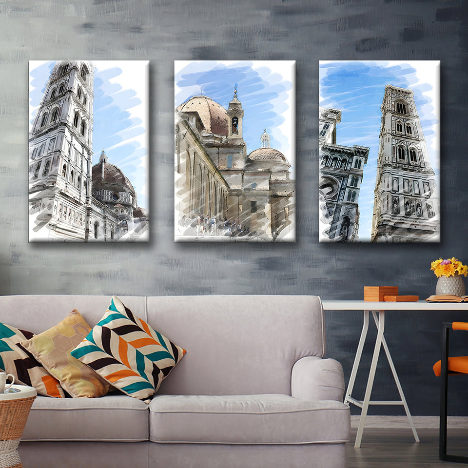 European Ancient City, Italy, Florence, Santa Maria Del Fiore, Isolated On White Set of 3 Piece Canvas Prints Wall Art Decor