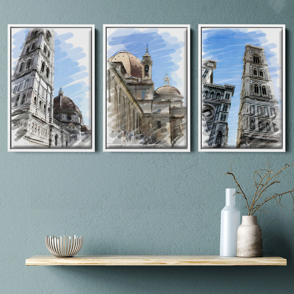 European Ancient City, Italy, Santa Maria Del Fiore,Isolated On White Set of 3 Piece Framed Canvas Prints Wall Art