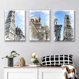 European Ancient City, Italy, Florence, Santa Maria Del Fiore, Isolated On White Set of 3 Piece Canvas Prints Wall Art Decor