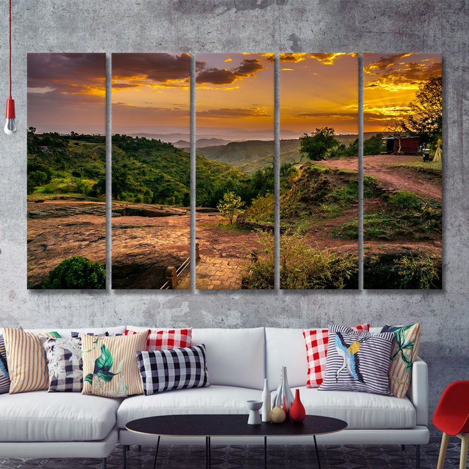 Evening view with Church of St George in Lalibela Ethiopia 5 Pieces Canvas Prints Wall Art - Painting Canvas, Multi Panels, Wall Decor