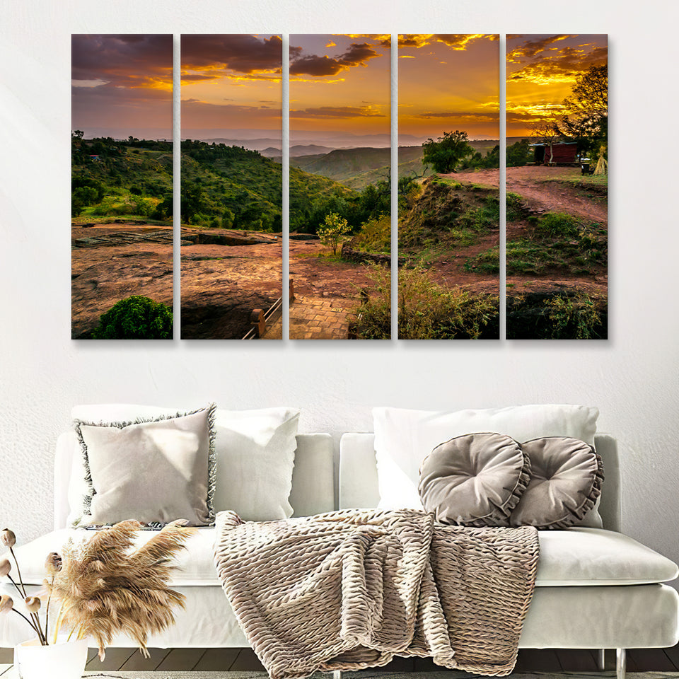 Evening view with Church of St George in Lalibela Ethiopia 5 Pieces Canvas Prints Wall Art - Painting Canvas, Multi Panels, Wall Decor