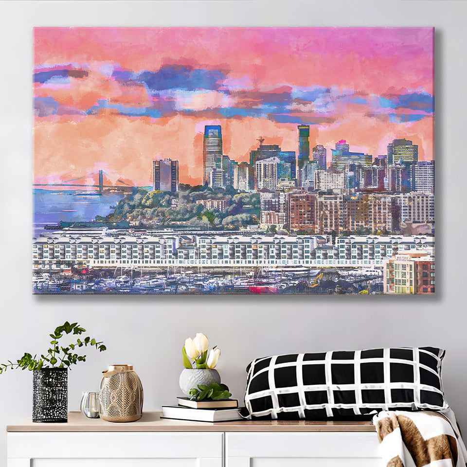 Exchange Place Jersey City New Skyline City Art Watercolor Canvas Prints Wall Art Home Decor, Large Canvas