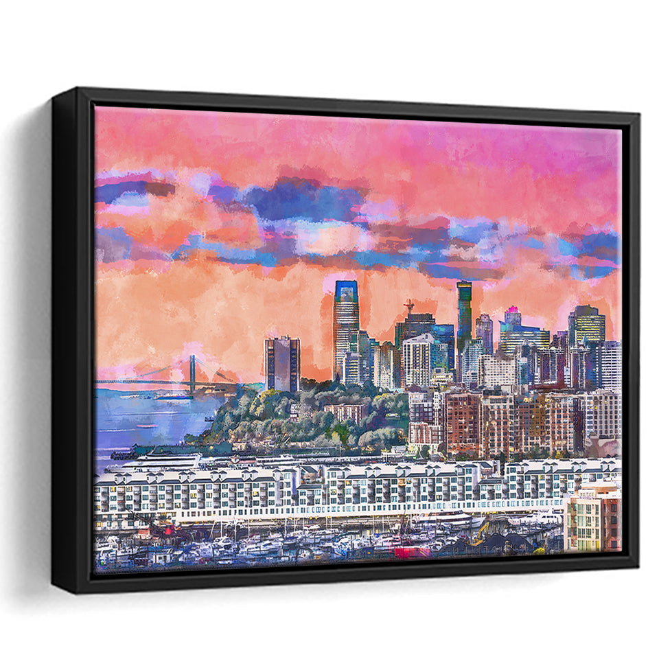 Exchange Place Jersey City New Skyline City Art Watercolor Framed Canvas Prints Wall Art Home Decor,Floating Frame