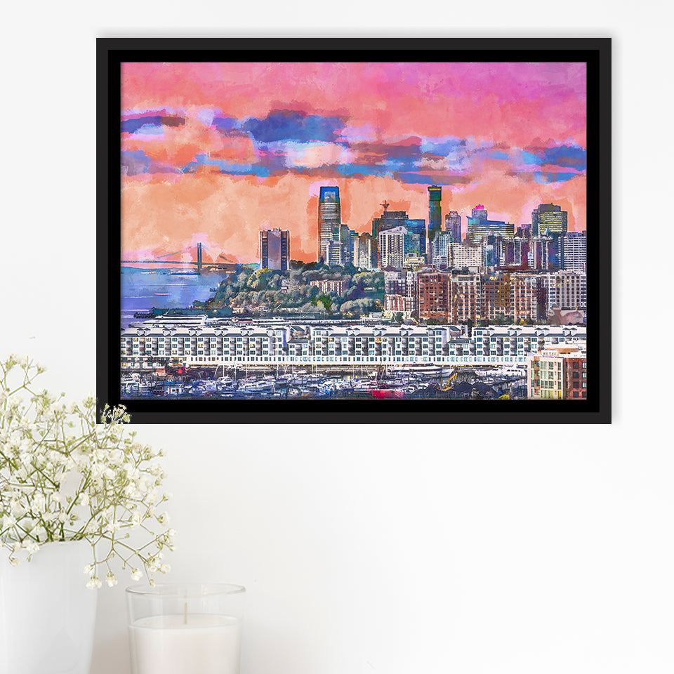 Exchange Place Jersey City New Skyline City Art Watercolor Framed Canvas Prints Wall Art Home Decor,Floating Frame