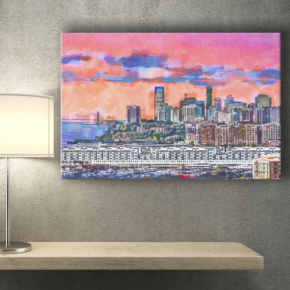 Exchange Place Jersey City New Skyline City Art Watercolor Canvas Prints Wall Art Home Decor, Large Canvas