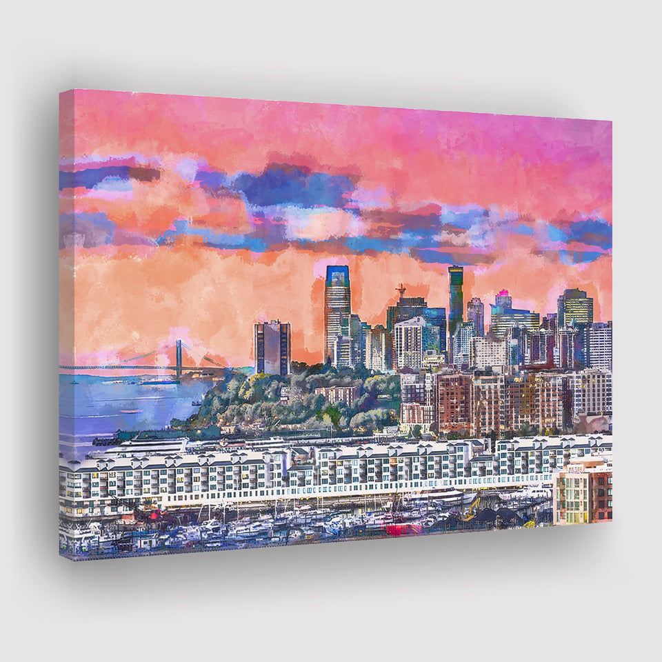 Exchange Place Jersey City New Skyline City Art Watercolor Canvas Prints Wall Art Home Decor, Large Canvas