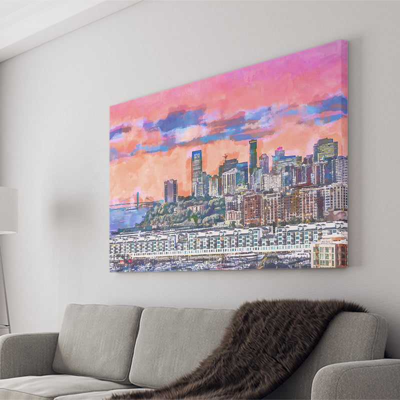Exchange Place Jersey City New Skyline City Art Watercolor Canvas Prints Wall Art Home Decor, Large Canvas