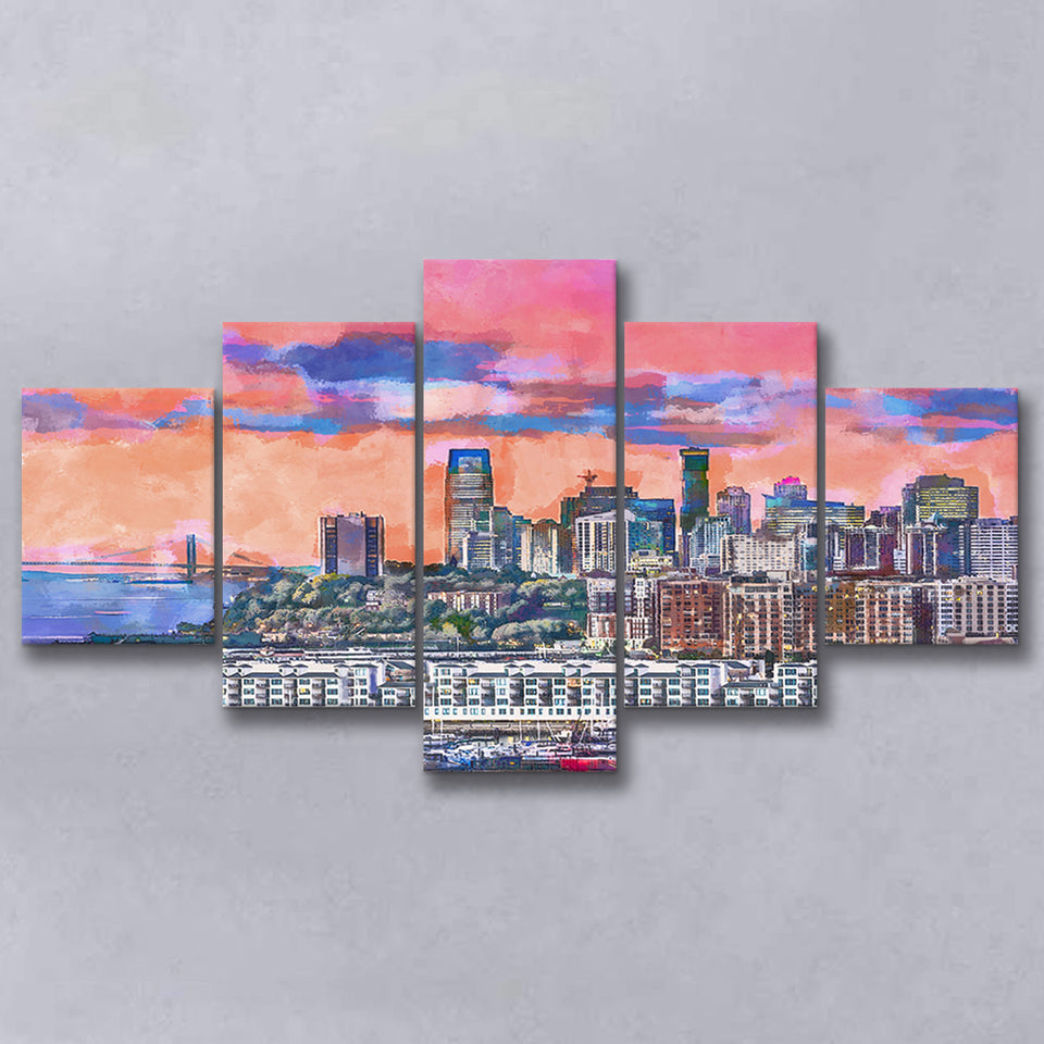 Exchange Place Jersey City New Skyline 5 Pieces Mixed Canvas Prints Wall Art Home Decor