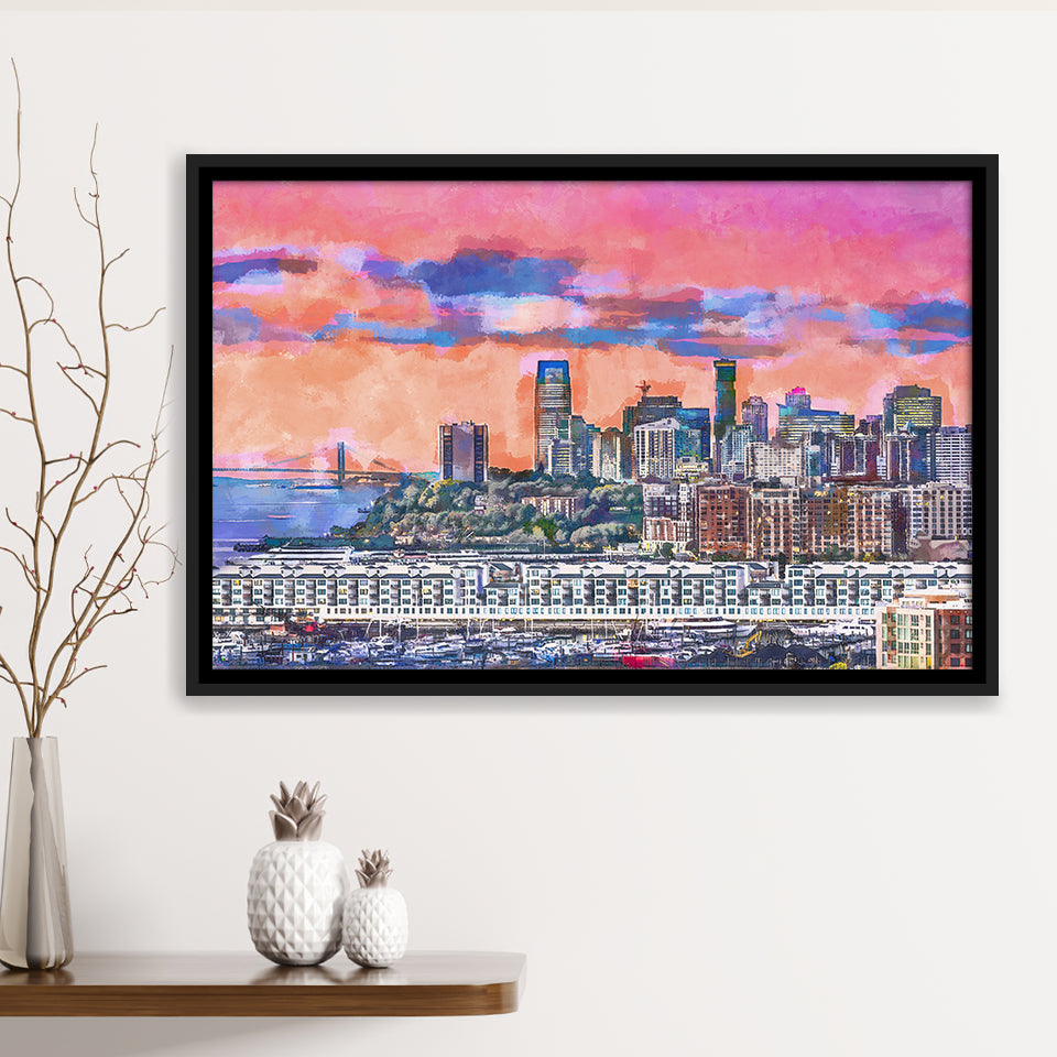 Exchange Place Jersey City New Skyline City Art Watercolor Framed Canvas Prints Wall Art Home Decor,Floating Frame