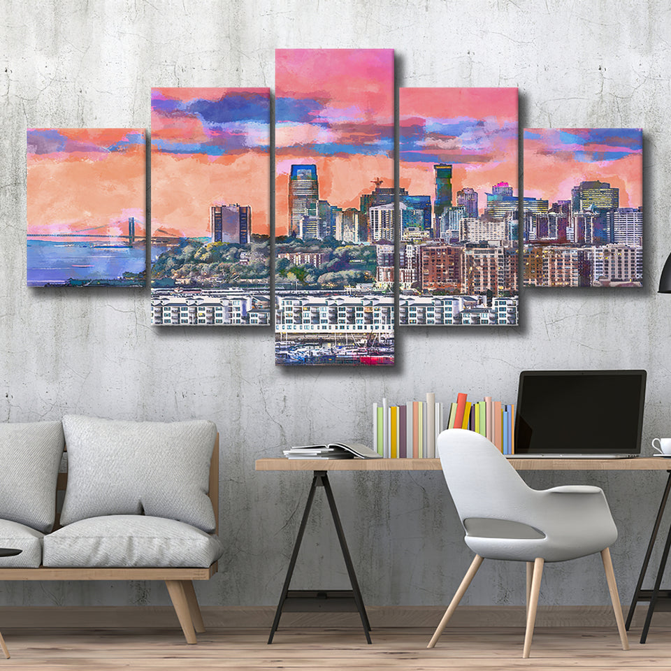 Exchange Place Jersey City New Skyline 5 Pieces Mixed Canvas Prints Wall Art Home Decor