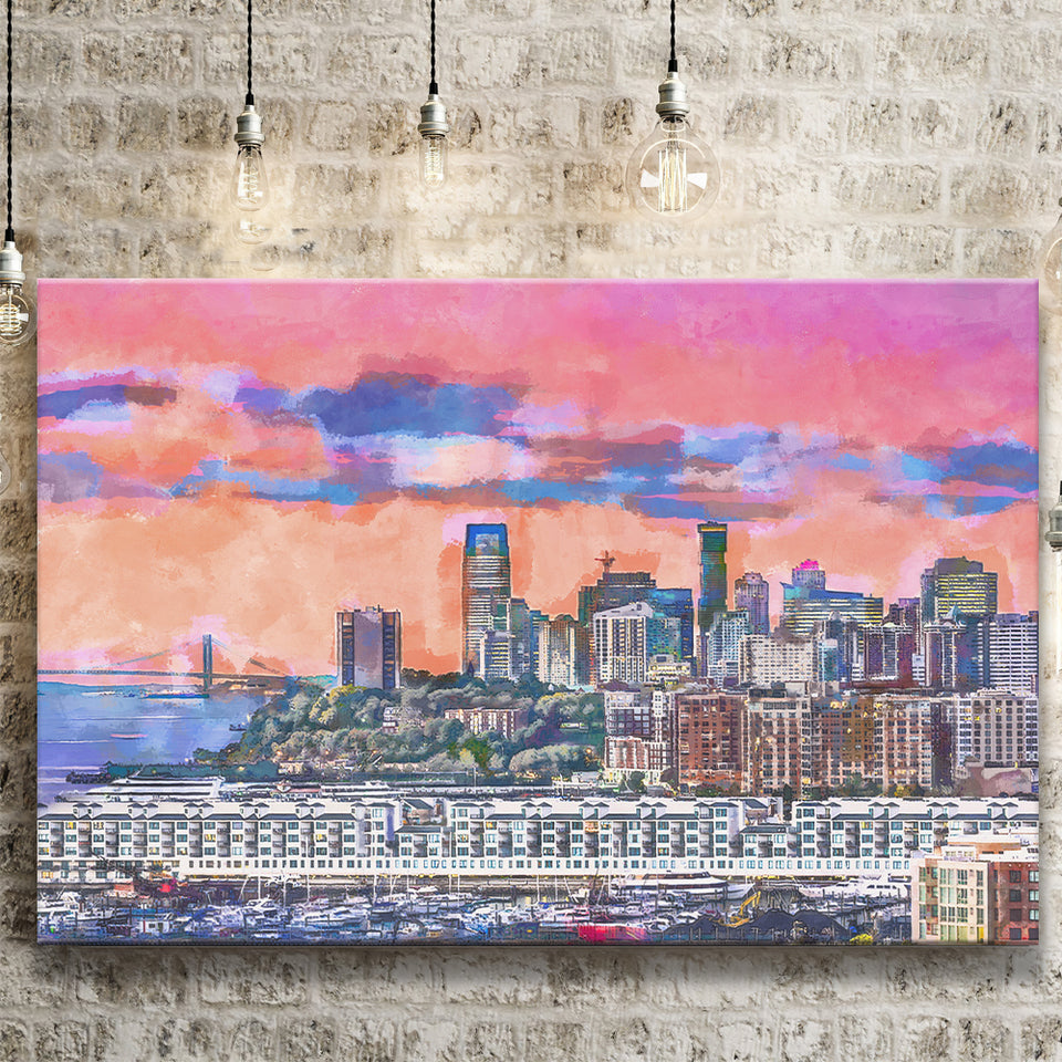 Exchange Place Jersey City New Skyline City Art Watercolor Canvas Prints Wall Art Home Decor, Large Canvas