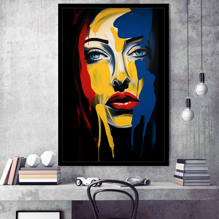 Expressionist Woman Face Mixed Colorful, Painting Art, Framed Art Prints Wall Decor