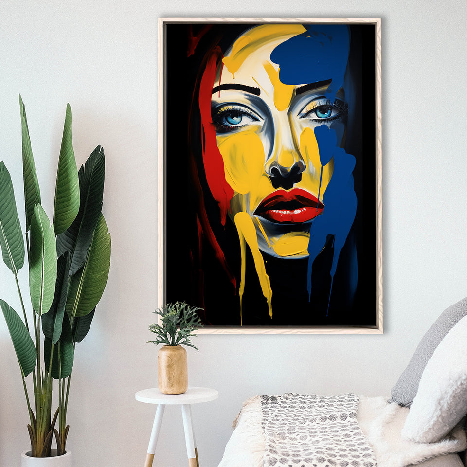 Expressionist Woman Face Mixed Colorful,Framed Canvas Prints,Floating Frame, Wall Art Home Decor
