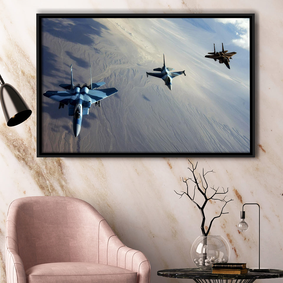 F 15S And An F 16 Image Aircraft Lovers Group Framed Canvas Prints Wall Art Decor - Painting Canvas, Black Framed Picture
