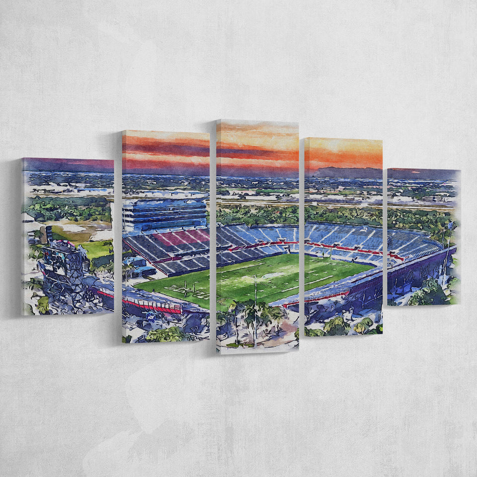 FAU Stadium Florida Atlantic Stadium Watercolor, 5 Pieces, Multi Panel Canvas Prints Wall Art Decor