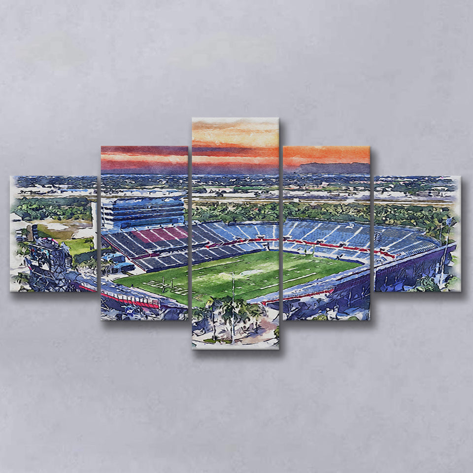 FAU Stadium Florida Atlantic Stadium Watercolor, 5 Pieces, Multi Panel Canvas Prints Wall Art Decor