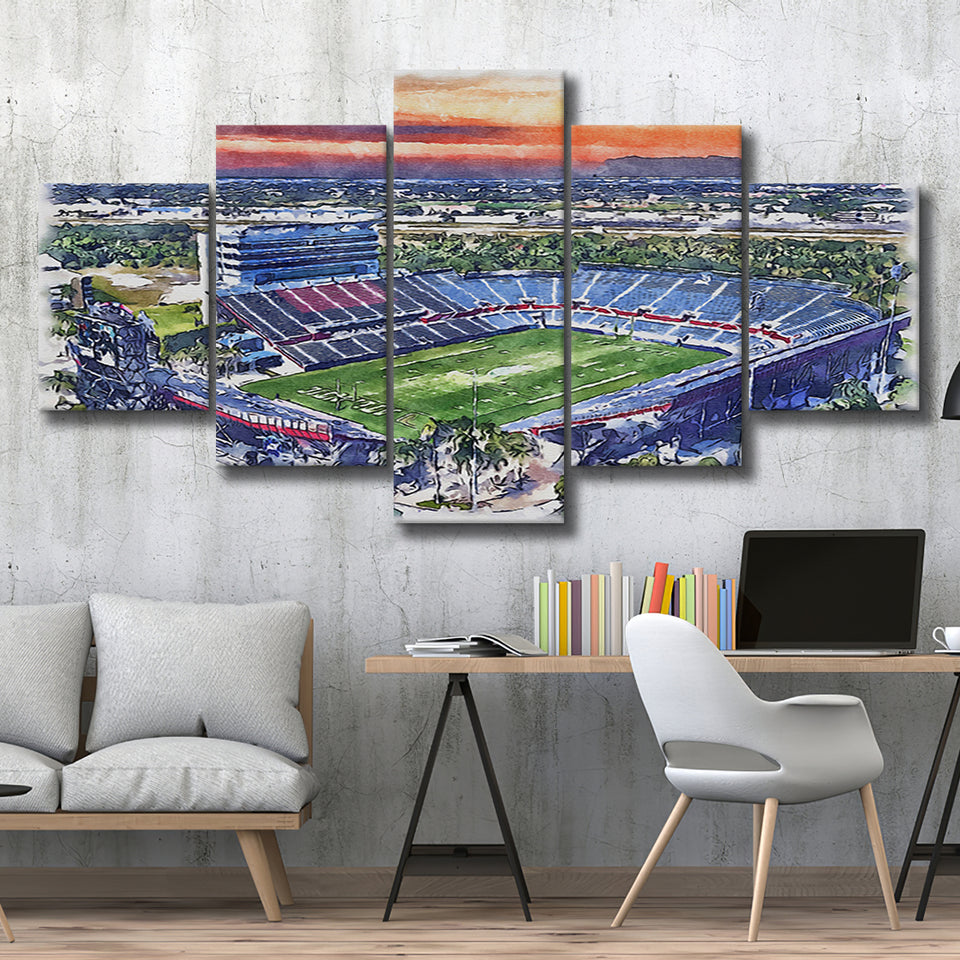 FAU Stadium Florida Atlantic Stadium Watercolor, 5 Pieces, Multi Panel Canvas Prints Wall Art Decor