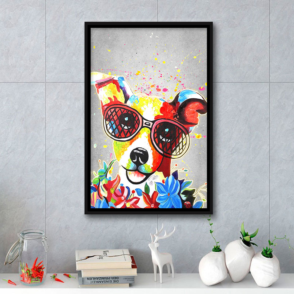 Floral Graffiti Puppy Pet House Decor Framed Canvas Prints Wall Art Decor - Painting Canvas, Floating Frame, Framed Picture