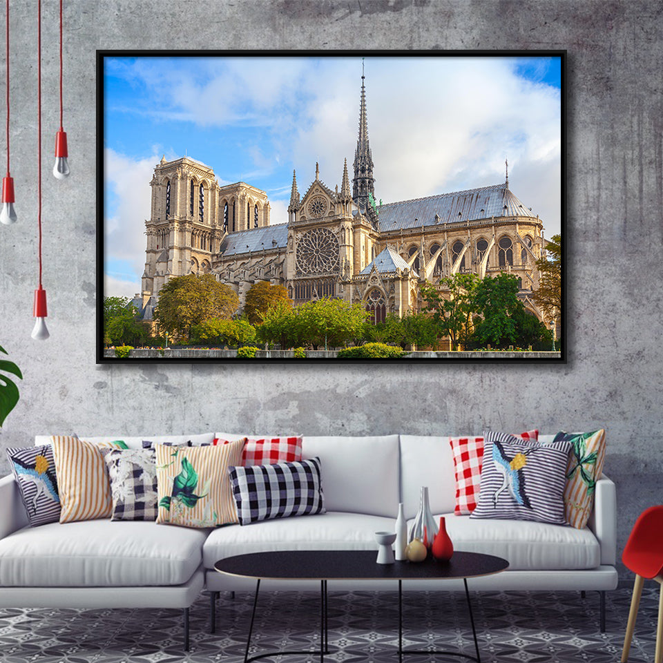 Famous Places, Cathedral Of Notre Dame Paris Art Framed Canvas Prints Wall Art, Floating Frame, Large Canvas Home Decor