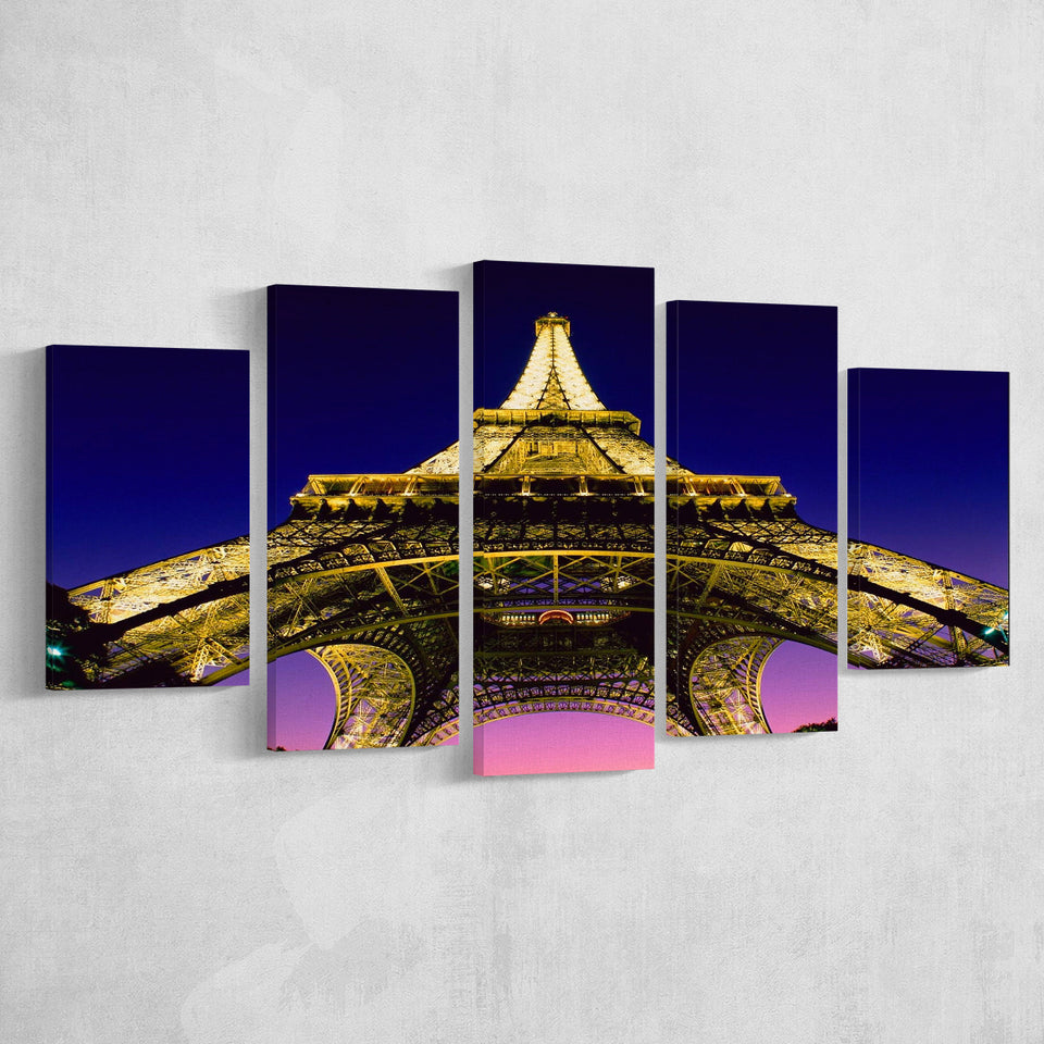 Famous Places, Eiffel Tower First Level With Lights, 5 Panel Canvas Prints Wall Art,Mixed Canvas, Large Canvas