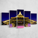 Famous Places, Eiffel Tower First Level With Lights, 5 Panel Canvas Prints Wall Art,Mixed Canvas, Large Canvas