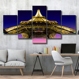 Famous Places, Eiffel Tower First Level With Lights, 5 Panel Canvas Prints Wall Art,Mixed Canvas, Large Canvas