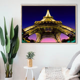 Famous Places, Eiffel Tower First Level With Lights Framed Canvas Prints Wall Art, Floating Frame, Large Canvas Home Decor