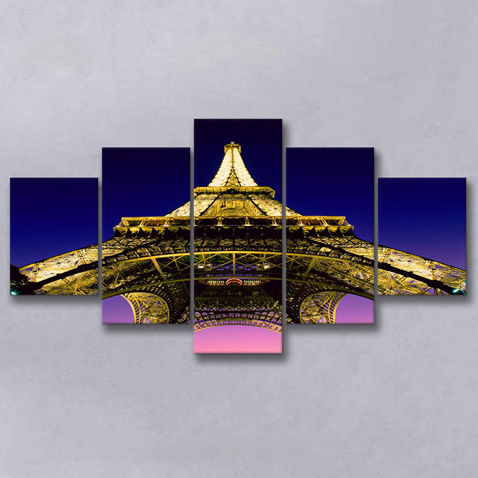 Famous Places, Eiffel Tower First Level With Lights, 5 Panel Canvas Prints Wall Art,Mixed Canvas, Large Canvas