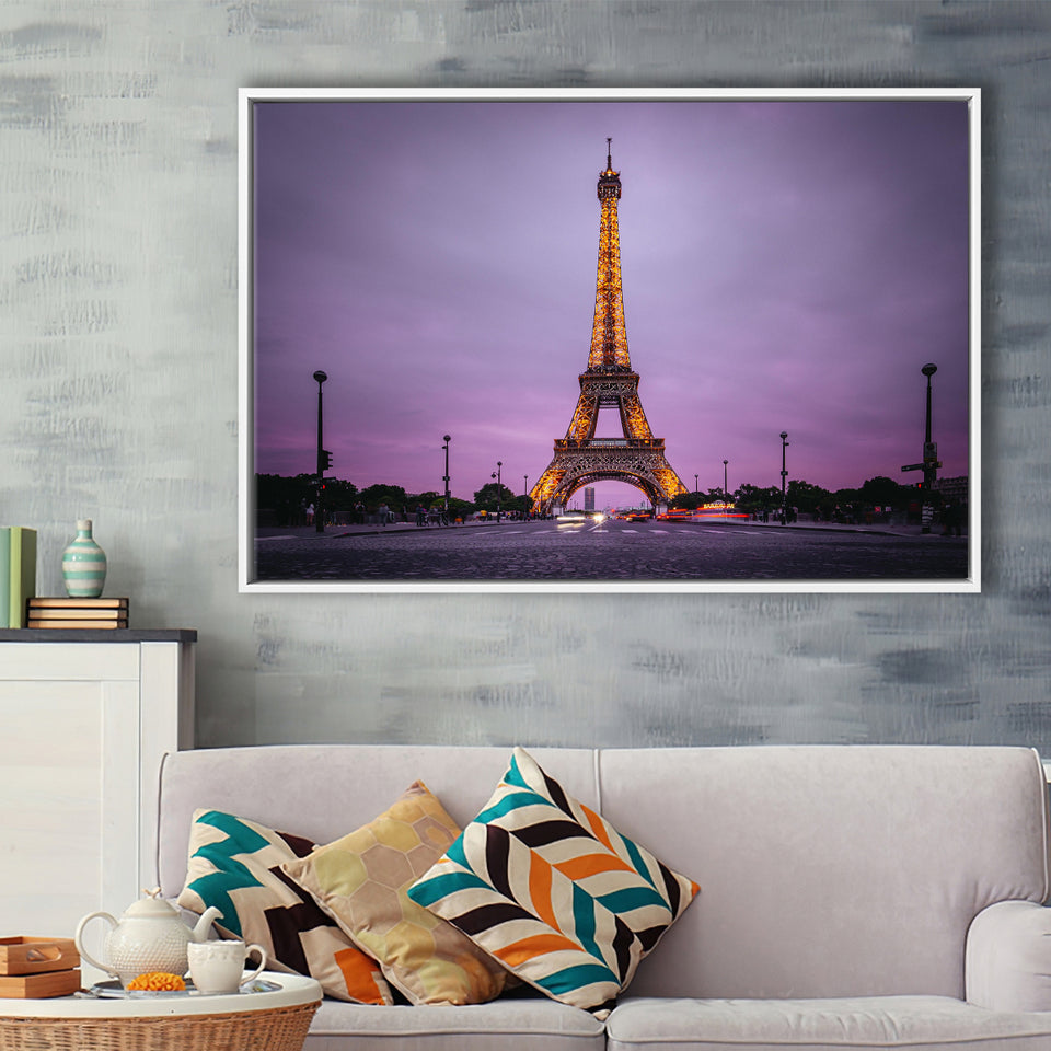 Famous Places, Eiffel Tower Lights And Pink Skies Art Framed Canvas Prints Wall Art, Floating Frame, Large Canvas Home Decor