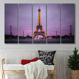 Famous Places, Eiffel Tower Lights And Pink Skies Art, 5 Panel B Canvas Prints Wall Art, Extra Large Canvas Decor
