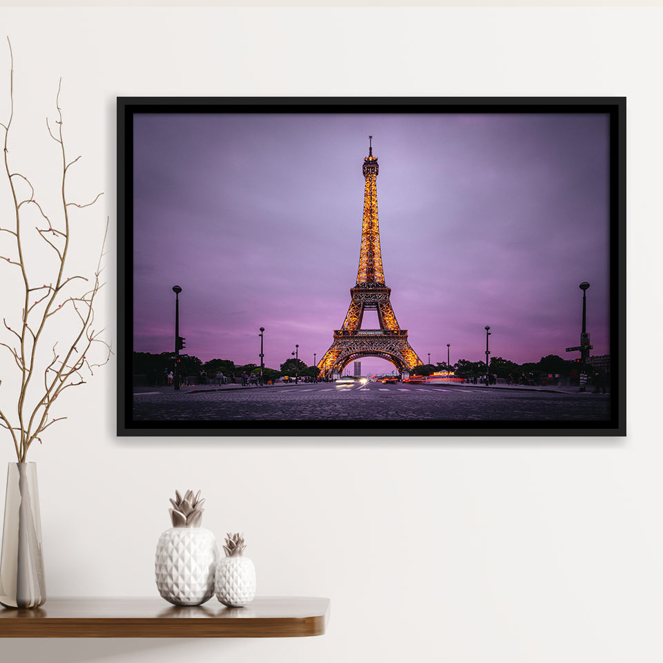 Famous Places, Eiffel Tower Lights And Pink Skies Art Framed Canvas Prints Wall Art, Floating Frame, Large Canvas Home Decor
