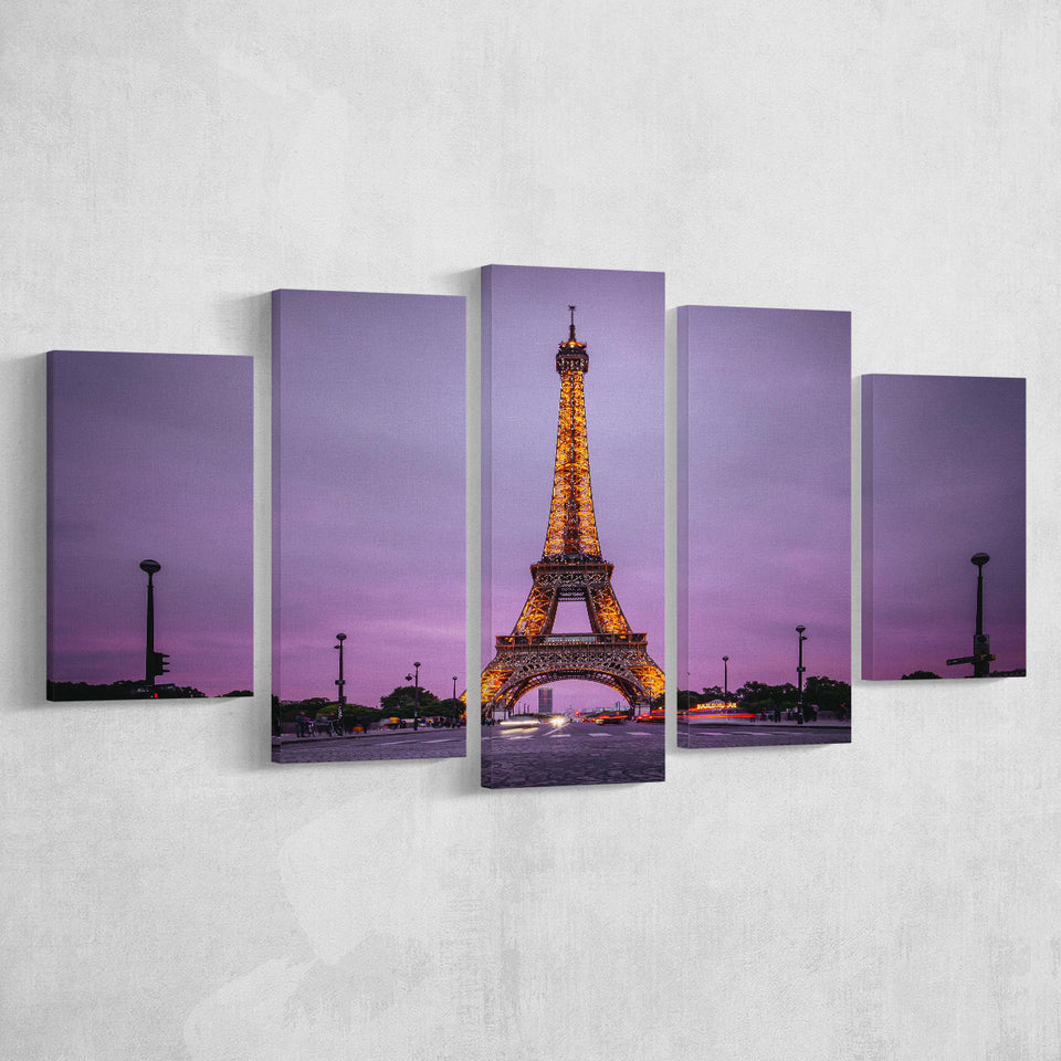 Famous Places, Eiffel Tower Lights And Pink Skies Art, 5 Panel Canvas Prints Wall Art,Mixed Canvas, Large Canvas