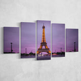 Famous Places, Eiffel Tower Lights And Pink Skies Art, 5 Panel Canvas Prints Wall Art,Mixed Canvas, Large Canvas