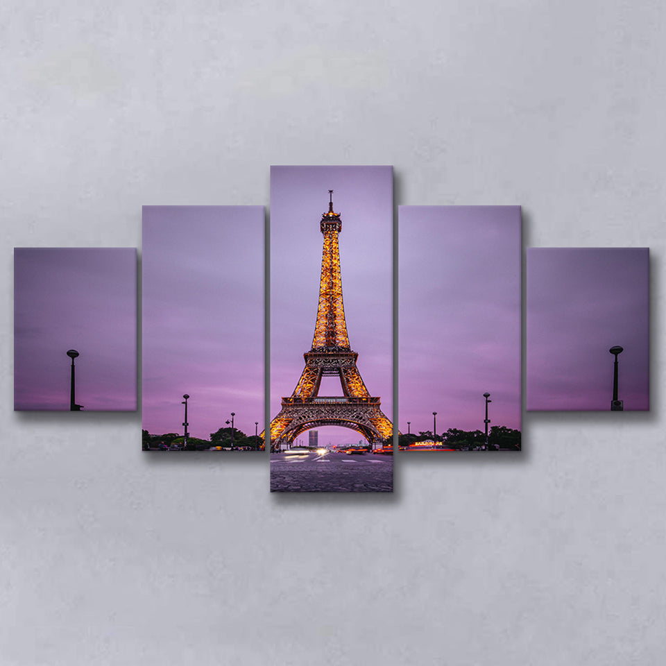 Famous Places, Eiffel Tower Lights And Pink Skies Art, 5 Panel Canvas Prints Wall Art,Mixed Canvas, Large Canvas