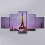 Famous Places, Eiffel Tower Lights And Pink Skies Art, 5 Panel Canvas Prints Wall Art,Mixed Canvas, Large Canvas