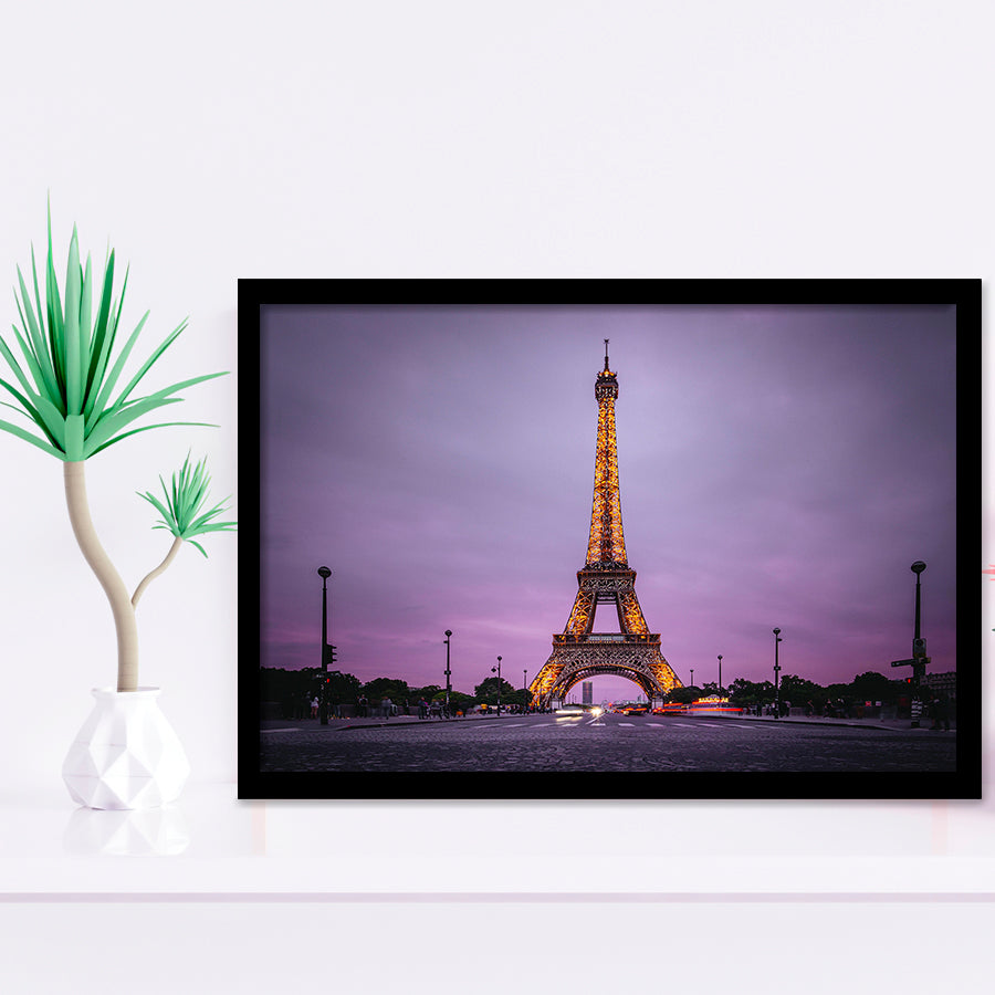 Famous Places, Eiffel Tower Lights And Pink Skies Art Framed Art Prints Wall Decor, Framed Picture, Large Art Prints