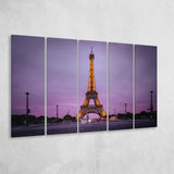 Famous Places, Eiffel Tower Lights And Pink Skies Art, 5 Panel B Canvas Prints Wall Art, Extra Large Canvas Decor