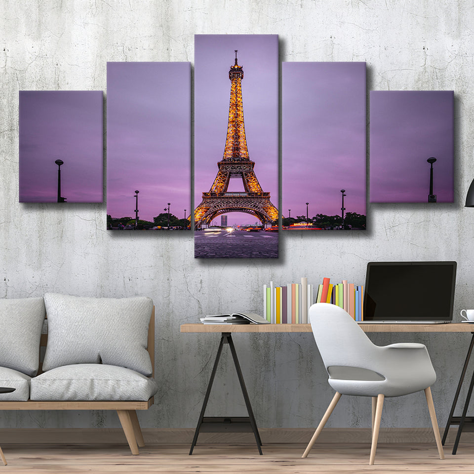 Famous Places, Eiffel Tower Lights And Pink Skies Art, 5 Panel Canvas Prints Wall Art,Mixed Canvas, Large Canvas