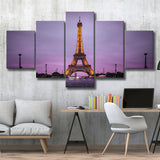 Famous Places, Eiffel Tower Lights And Pink Skies Art, 5 Panel Canvas Prints Wall Art,Mixed Canvas, Large Canvas