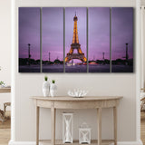 Famous Places, Eiffel Tower Lights And Pink Skies Art, 5 Panel B Canvas Prints Wall Art, Extra Large Canvas Decor