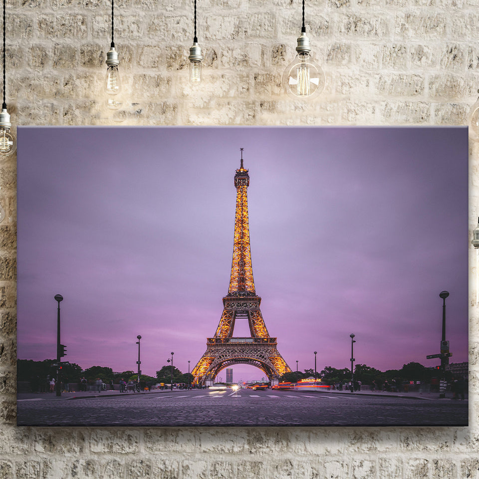 Famous Places, Eiffel Tower Lights And Pink Skies Art Canvas Prints Wall Art, Home Living Room Decor, Large Canvas