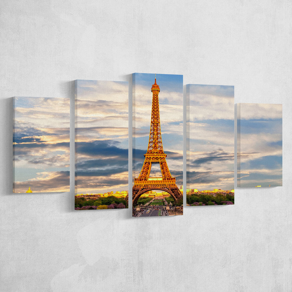 Famous Places Art Canvas, Eiffel Tower Paris Famous Cities Art , 5 Panel Canvas Prints Wall Art,Mixed Canvas, Large Canvas