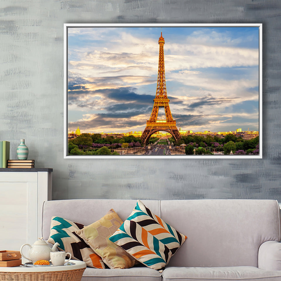 Famous Places Art Canvas, Eiffel Tower Paris Famous Cities Art  Framed Canvas Prints Wall Art, Floating Frame, Large Canvas