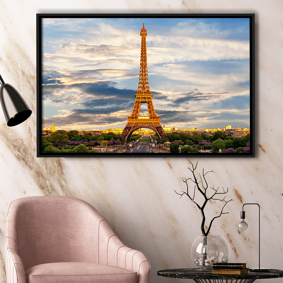 Famous Places Art Canvas, Eiffel Tower Paris Famous Cities Art  Framed Canvas Prints Wall Art, Floating Frame, Large Canvas